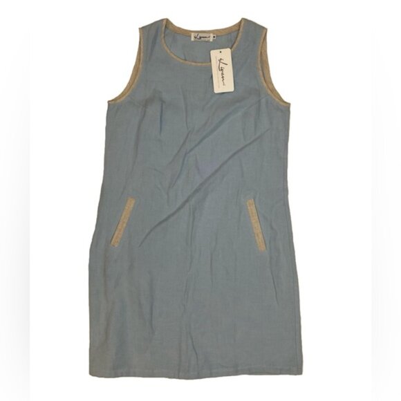 NWT iLinen Lifestyle Made Poland 🇵🇱 LINEN CrewNeck Baby Blue/Natural Dress M - Picture 2 of 12